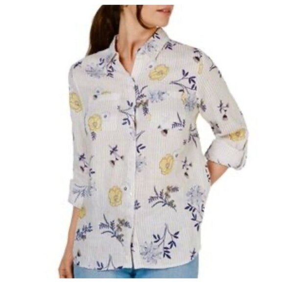 Charter Club Tops - Charter Club Blue Yellow Floral Linen Button Down Shirt Size L Lagenlook Cottage